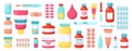 Pharmacy medications. Medicine drugs, pharmaceutical treatment, vitamins blister packs, medicine pills bottles vector