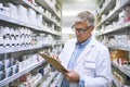 Pharmacy, medicine and checklist with man writing in drug store for notes, inspection and inventory. Medical, healthcare