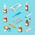 Pharmacy, medicine and healthcare 3d isometric icons set. Pills, drugs, bottles flat illustration Royalty Free Stock Photo