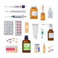 Pharmacy, medicine and healthcare flat illustration. Pills, drugs, bottles icons and design elements