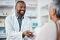 Pharmacy, medicine and pharmacist in discussion with a patient explaining her prescription. Healthcare, medical and Royalty Free Stock Photo