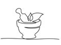 Pharmacy mortar and pestle with herbs. Continuous one line drawing.