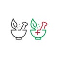 Pharmacy, mortar pestle with leaf. Vector outline icon logo template Royalty Free Stock Photo