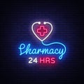 Pharmacy neon sign vector. Pharmacy 24 hours Design template neon sign, light banner, neon signboard, nightly bright