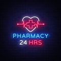 Pharmacy neon sign vector. Pharmacy 24 hours Design template neon sign, light banner, neon signboard, nightly bright Royalty Free Stock Photo