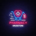 Pharmacy neon signboard vector. Medical neon glowing symbol, Light Banner, neon icon, design element. Vector
