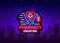 Pharmacy neon signboard vector. Medical neon glowing symbol, Light Banner, neon icon, design element. Vector