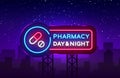 Pharmacy neon signboard vector. Medical neon glowing symbol, Light Banner, neon icon, design element. Vector