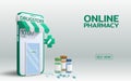 Pharmacy online shop on smartphone mobile with a stack of durgs bag and sign says open hanging on a glass door. World wide trade