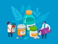 Pharmacy and people. Healthcare and medical treatment concept. Medicine bottles and pills vector illustration Royalty Free Stock Photo