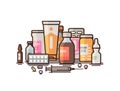 Pharmacy, pharmacology, drugstore, medical supplies banner. Modern medicine, hospital, healthcare concept. Vector