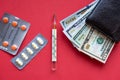 pharmacy pills in blisters near a thermometer and a black wallet with money in dollar bills on a red background Royalty Free Stock Photo