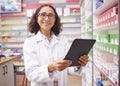 Pharmacy portrait, tablet and pharmacist woman for medicine management, stock research or inventory. Digital technology Royalty Free Stock Photo