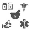 Pharmacy and Prescription Icon Set with mortar and pestle, star of life, pills, and caduceus Royalty Free Stock Photo