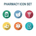 Pharmacy and Prescription Icon Set with mortar and pestle, star of life, pills, and caduceus Royalty Free Stock Photo