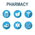 Pharmacy and Prescription Icon Set with mortar and pestle, star of life, pills, and caduceus Royalty Free Stock Photo