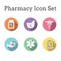 Pharmacy and Prescription Icon Set with mortar and pestle, star of life, pills, and caduceus Royalty Free Stock Photo