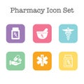 Pharmacy and Prescription Icon Set with mortar and pestle, star of life, pills, and caduceus Royalty Free Stock Photo