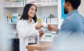 Pharmacy product, customer and happy woman help man with pills choice, supplements decision or medicine shopping