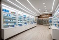 The pharmacy's elegant and modern interior features organized display cases with medicines and ambient lighting. Royalty Free Stock Photo