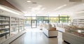 A Pharmacy\'s Modern Interior Flooded with Sunlight which is big and spacious. Generative AI