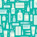 Pharmacy seamless pattern. Pills, drugs, bottles on blue background. Drugstore and medicine illustration. Royalty Free Stock Photo