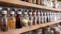 Pharmacy shelf with amber glass bottles. Homeopathic pharmacy interior. Concept of traditional apothecary, medicinal Royalty Free Stock Photo