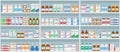 Pharmacy shelves with medicines. Concept of pharmaceutics and medication. Seamless pattern.