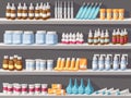 Pharmacy shelves with medicines. Pharmaceuticals, medicine bottles, drugs and pills on shelf cartoon vector illustration