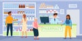 Pharmacy shop with customers, pharmacist consulting patient. People buying drugs, drugstore with medicine on shelves