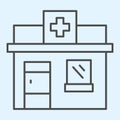 Pharmacy shop thin line icon. Private drugstore with cross on signboard. Health care vector design concept, outline Royalty Free Stock Photo