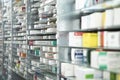 Pharmacy storage room ,Drugs are arranged and stored on glass shelf in a pharmacy