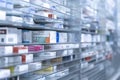 A pharmacy storage room ,Drugs are arranging and stored on a glass shelf in a pharmacy.taken out with a robot hand