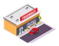 Pharmacy store facade with signboard, isometric vector illustration Royalty Free Stock Photo