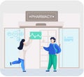 Pharmacy store with sign. Pharmacists talking to patient, apothecary advises purchaser of medicines