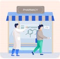 Pharmacy store with signboard, awning and symbol in shop window. Pharmacists talking to patient