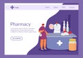 Pharmacy store vector illustration website banner, buyer and pharmacist with drugs. Royalty Free Stock Photo