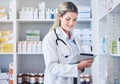Pharmacy, tablet and pharmacist with checklist, research or online prescription in drug store. Medicine, medical and