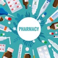 Pharmacy template frame with blister, tubes, spray, syringe, thermometer, pippete, jars, pills, drugs, medical bottles