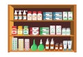 Pharmacy trade shelf with medicines in cartoon style