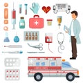 Pharmacy vector doctor character on ambulance car and medicine drugs pills in container illustration medication