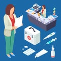 Pharmacy vector isometric set. Pharmacist at work, drugs and first aid kid illustration