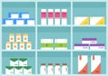 Pharmacy vector shelf, medicine store, cartoon boxes pills and containers drug, packaging medication. Interior pharmacy or