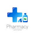 Pharmacy vector symbol with blue bottle and cross in circle, green leaf, for pharmacist, pharma store, doctor and Royalty Free Stock Photo