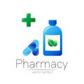 Pharmacy vector symbol with blue bottle and cross in circle, green leaf, for pharmacist, pharma store, doctor and Royalty Free Stock Photo