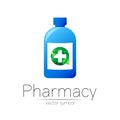 Pharmacy vector symbol with blue bottle and cross in green circle for pharmacist, pharma store, doctor and medicine Royalty Free Stock Photo