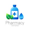 Pharmacy vector symbol with blue bottle and cross, green leaf and drop for pharmacist, pharma store, doctor and medicine Royalty Free Stock Photo