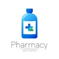 Pharmacy vector symbol with blue bottle and cross, green leaf for pharmacist, pharma store, doctor and medicine. Modern Royalty Free Stock Photo