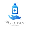 Pharmacy vector symbol with blue bottle and cross with hand for pharmacist, pharma store, doctor and medicine. Modern Royalty Free Stock Photo