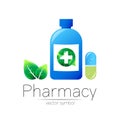 Pharmacy vector symbol with blue bottle and cross, pill capsule, green circle with leaf for pharmacist, pharma store Royalty Free Stock Photo